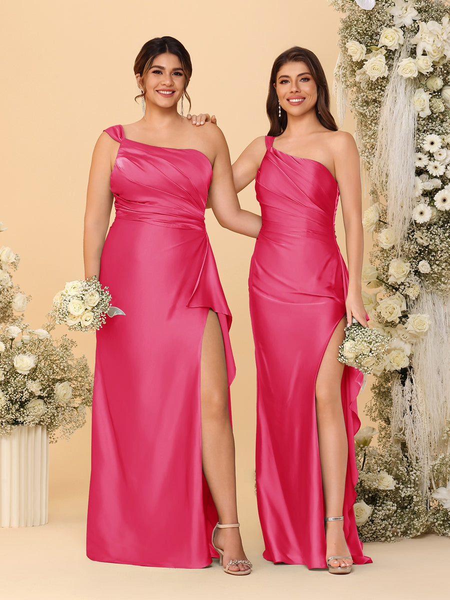 Sheath/Column One-Shoulder Sleeveless Split Side Bridesmaid Dresses with Ruffles