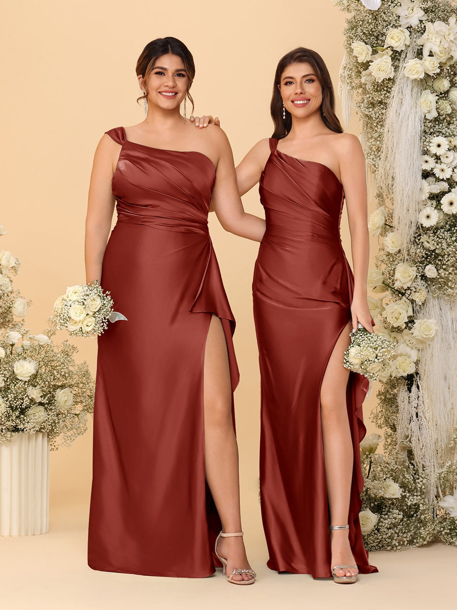 Sheath/Column One-Shoulder Sleeveless Split Side Bridesmaid Dresses with Ruffles