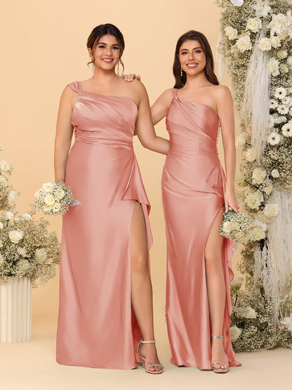 Sheath/Column One-Shoulder Sleeveless Split Side Bridesmaid Dresses with Ruffles