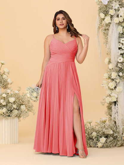 A-Line/Princess Spaghetti Straps Sleeveless Ruched Bridesmaid Dresses with Side Slit