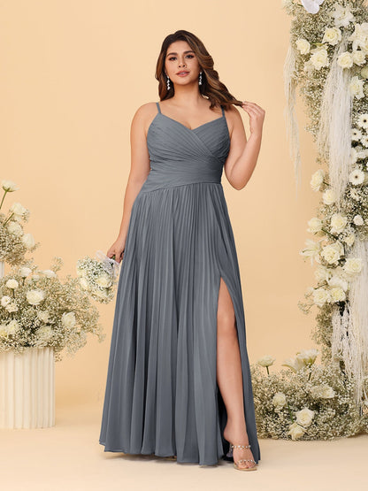 A-Line/Princess Spaghetti Straps Sleeveless Ruched Bridesmaid Dresses with Side Slit