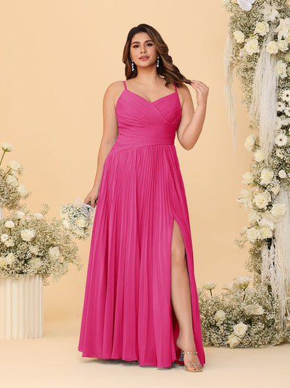 A-Line/Princess Spaghetti Straps Sleeveless Ruched Bridesmaid Dresses with Side Slit