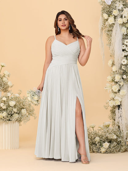 A-Line/Princess Spaghetti Straps Sleeveless Ruched Bridesmaid Dresses with Side Slit