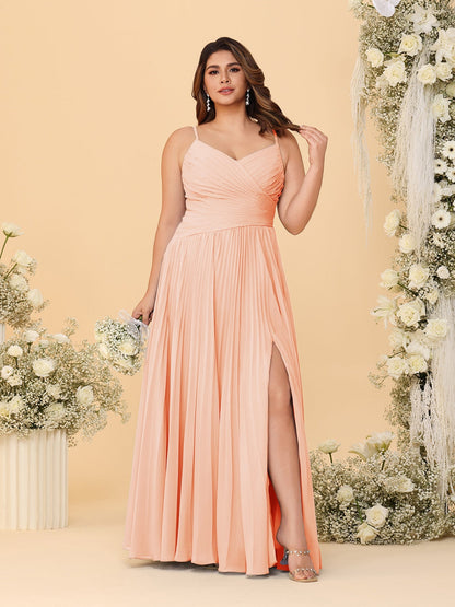 A-Line/Princess Spaghetti Straps Sleeveless Ruched Bridesmaid Dresses with Side Slit