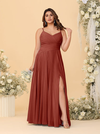 A-Line/Princess Spaghetti Straps Sleeveless Ruched Bridesmaid Dresses with Side Slit