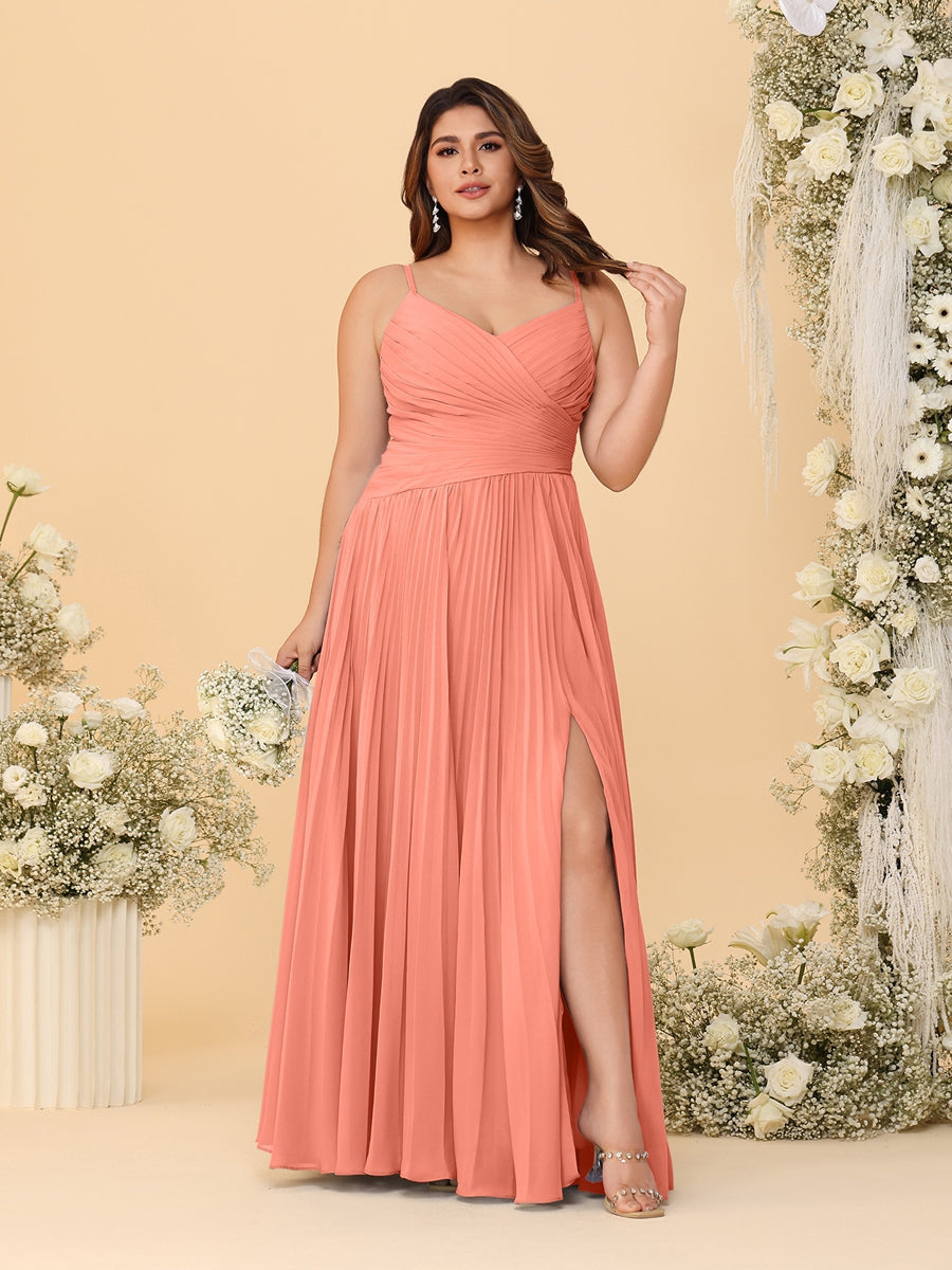 A-Line/Princess Spaghetti Straps Sleeveless Ruched Bridesmaid Dresses with Side Slit