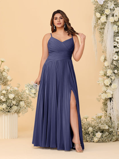 A-Line/Princess Spaghetti Straps Sleeveless Ruched Bridesmaid Dresses with Side Slit