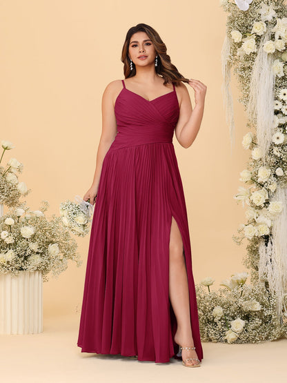 A-Line/Princess Spaghetti Straps Sleeveless Ruched Bridesmaid Dresses with Side Slit