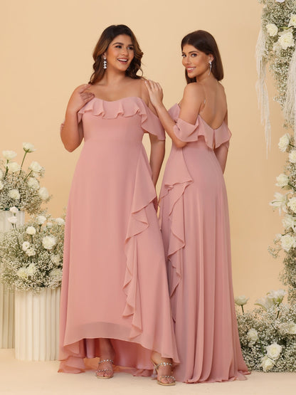 A-Line/Princess Off-the-Shoulder Spaghetti Straps Sleeveless Bridesmaid Dresses with Ruffles