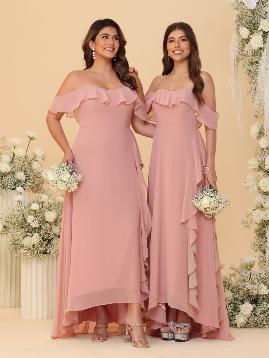 A-Line/Princess Off-the-Shoulder Spaghetti Straps Sleeveless Bridesmaid Dresses with Ruffles