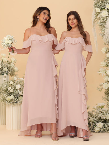 A-Line/Princess Off-the-Shoulder Spaghetti Straps Sleeveless Bridesmaid Dresses with Ruffles