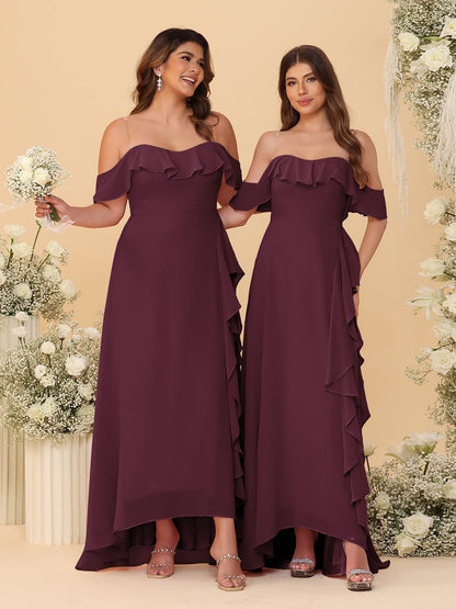 A-Line/Princess Off-the-Shoulder Spaghetti Straps Sleeveless Bridesmaid Dresses with Ruffles