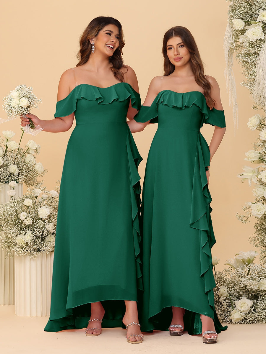A-Line/Princess Off-the-Shoulder Spaghetti Straps Sleeveless Bridesmaid Dresses with Ruffles