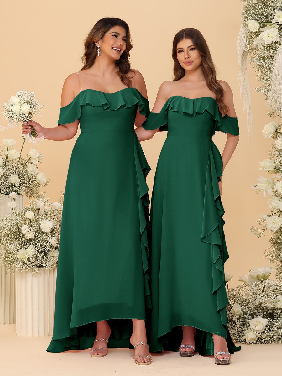 A-Line/Princess Off-the-Shoulder Spaghetti Straps Sleeveless Bridesmaid Dresses with Ruffles