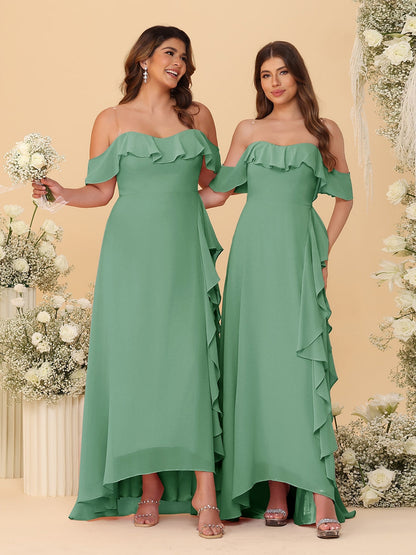 A-Line/Princess Off-the-Shoulder Spaghetti Straps Sleeveless Bridesmaid Dresses with Ruffles