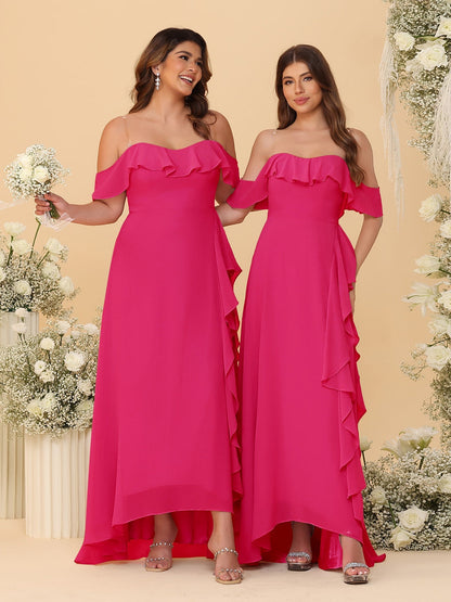 A-Line/Princess Off-the-Shoulder Spaghetti Straps Sleeveless Bridesmaid Dresses with Ruffles