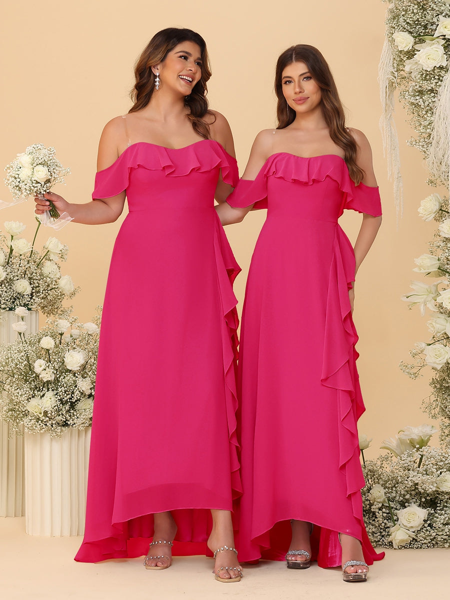 A-Line/Princess Off-the-Shoulder Spaghetti Straps Sleeveless Bridesmaid Dresses with Ruffles