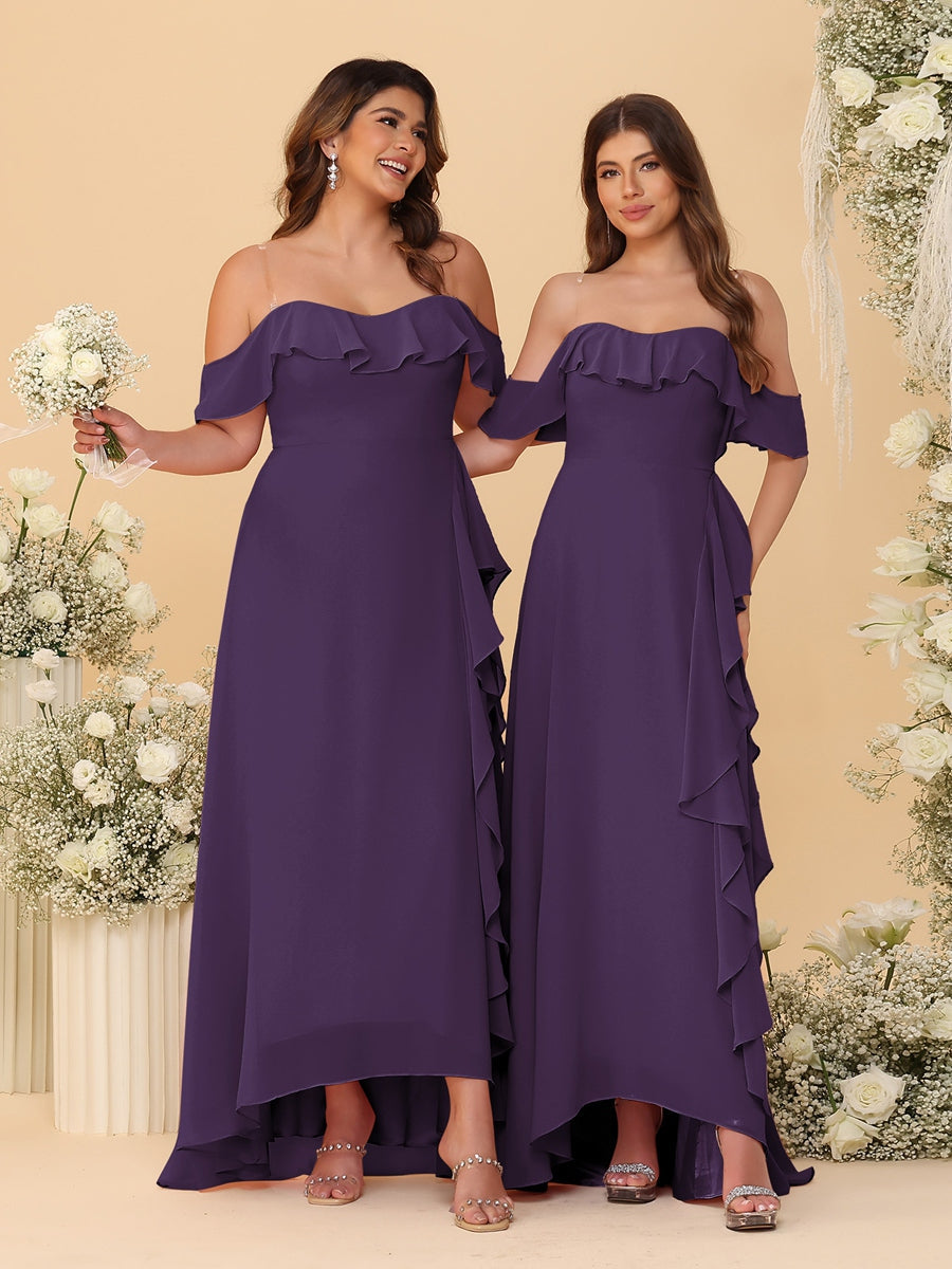 A-Line/Princess Off-the-Shoulder Spaghetti Straps Sleeveless Bridesmaid Dresses with Ruffles