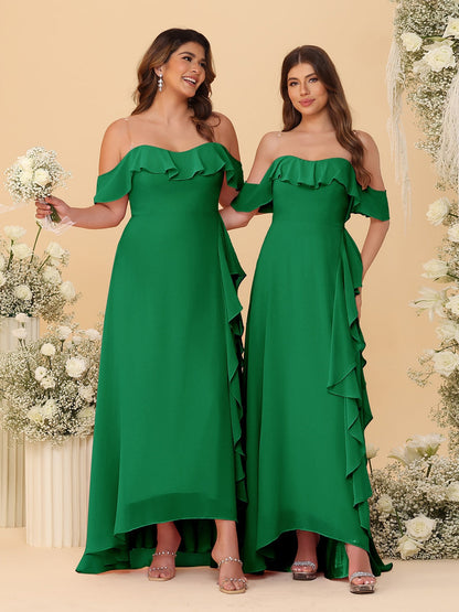 A-Line/Princess Off-the-Shoulder Spaghetti Straps Sleeveless Bridesmaid Dresses with Ruffles