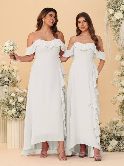 A-Line/Princess Off-the-Shoulder Spaghetti Straps Sleeveless Bridesmaid Dresses with Ruffles