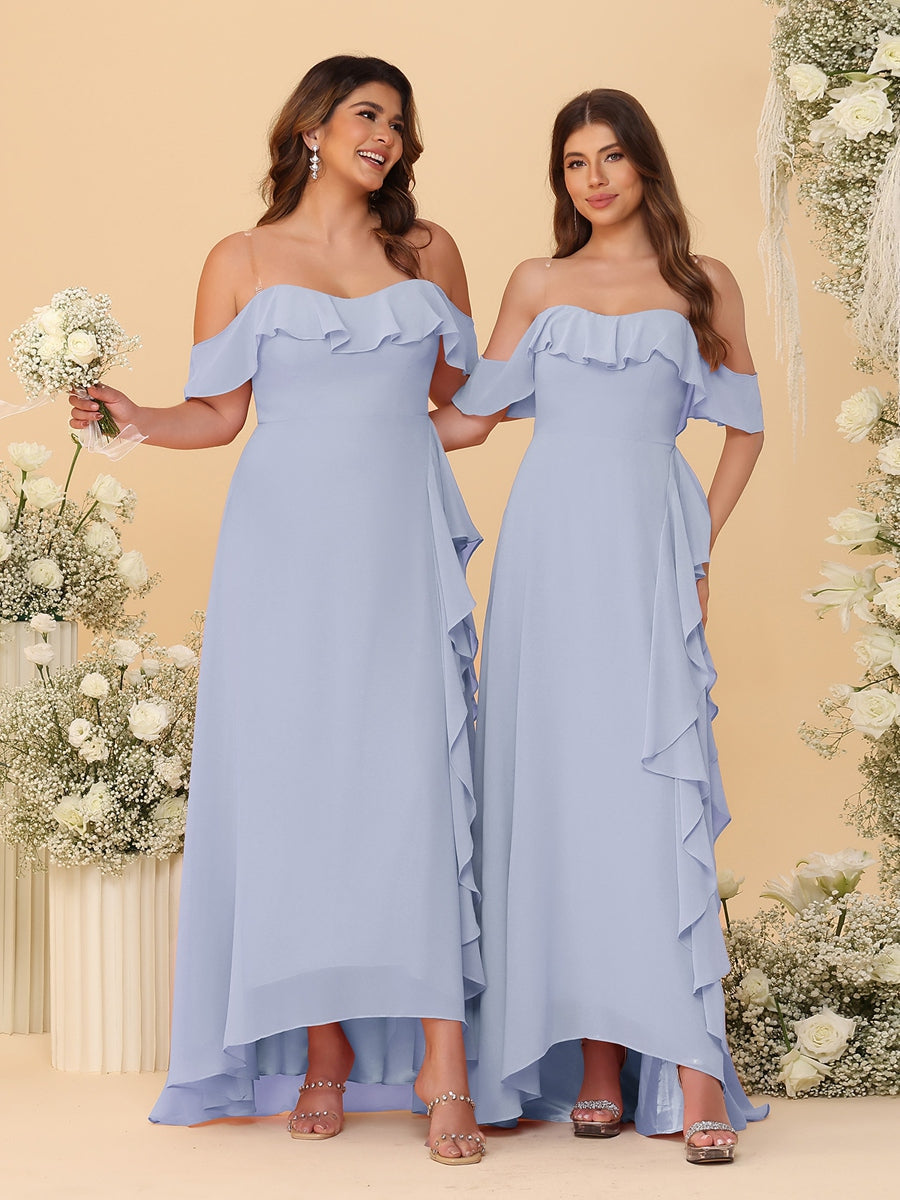 A-Line/Princess Off-the-Shoulder Spaghetti Straps Sleeveless Bridesmaid Dresses with Ruffles