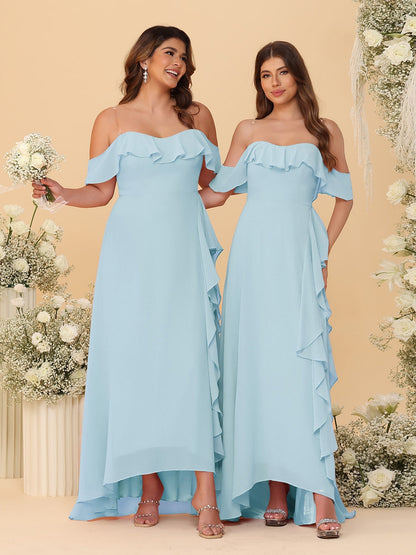 A-Line/Princess Off-the-Shoulder Spaghetti Straps Sleeveless Bridesmaid Dresses with Ruffles