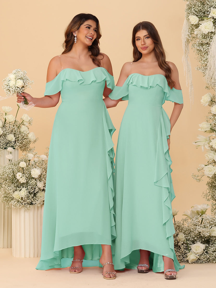 A-Line/Princess Off-the-Shoulder Spaghetti Straps Sleeveless Bridesmaid Dresses with Ruffles