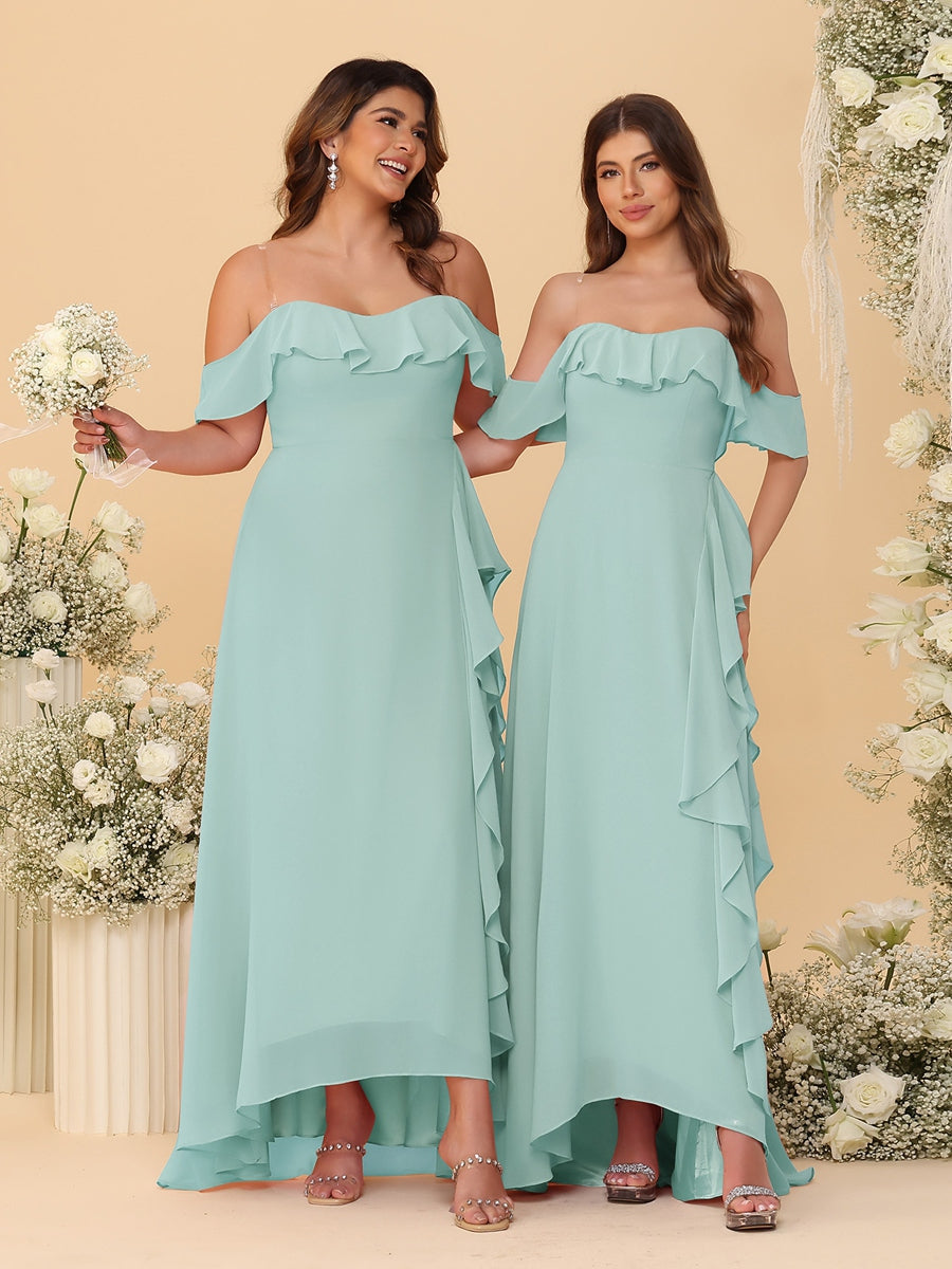 A-Line/Princess Off-the-Shoulder Spaghetti Straps Sleeveless Bridesmaid Dresses with Ruffles