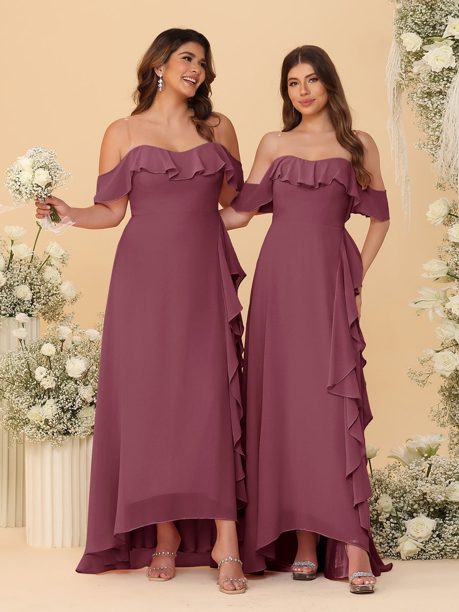 A-Line/Princess Off-the-Shoulder Spaghetti Straps Sleeveless Bridesmaid Dresses with Ruffles