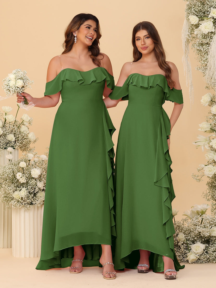 A-Line/Princess Off-the-Shoulder Spaghetti Straps Sleeveless Bridesmaid Dresses with Ruffles
