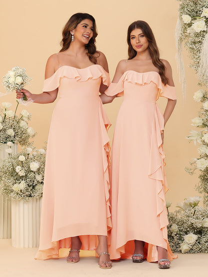 A-Line/Princess Off-the-Shoulder Spaghetti Straps Sleeveless Bridesmaid Dresses with Ruffles