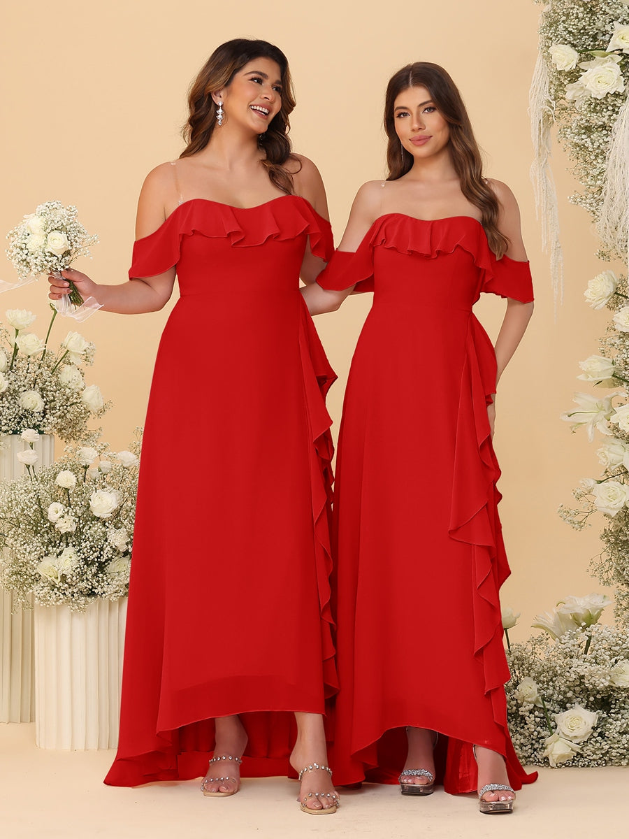 A-Line/Princess Off-the-Shoulder Spaghetti Straps Sleeveless Bridesmaid Dresses with Ruffles