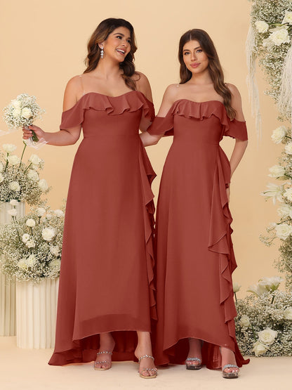 A-Line/Princess Off-the-Shoulder Spaghetti Straps Sleeveless Bridesmaid Dresses with Ruffles