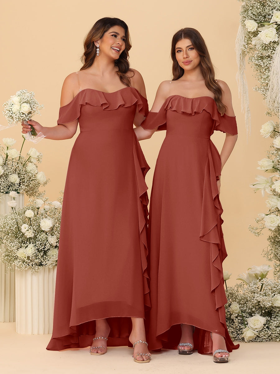 A-Line/Princess Off-the-Shoulder Spaghetti Straps Sleeveless Bridesmaid Dresses with Ruffles