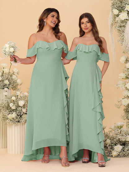 A-Line/Princess Off-the-Shoulder Spaghetti Straps Sleeveless Bridesmaid Dresses with Ruffles