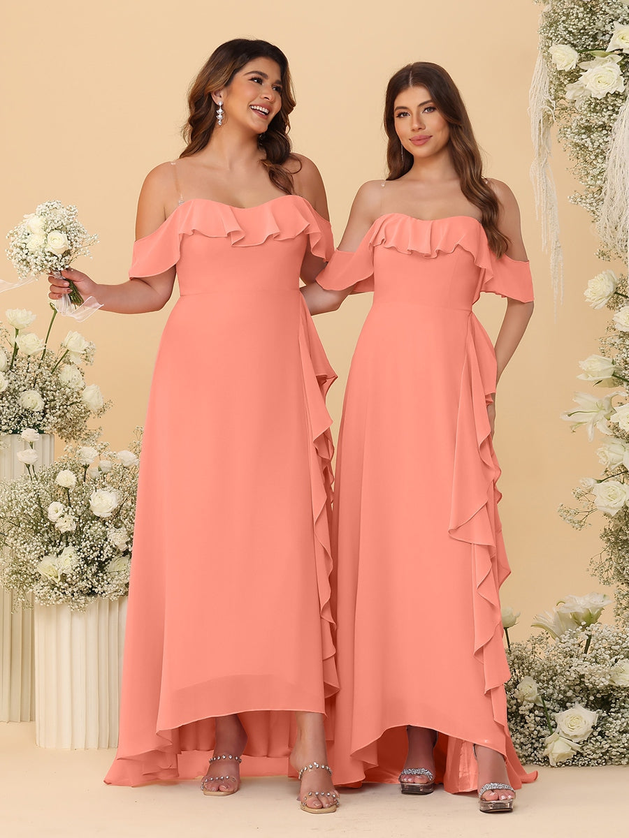 A-Line/Princess Off-the-Shoulder Spaghetti Straps Sleeveless Bridesmaid Dresses with Ruffles