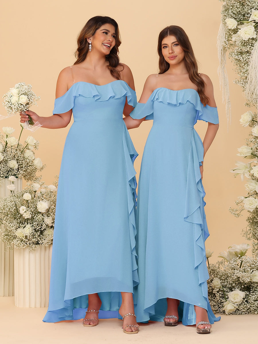 A-Line/Princess Off-the-Shoulder Spaghetti Straps Sleeveless Bridesmaid Dresses with Ruffles