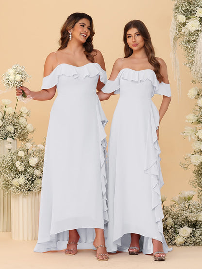 A-Line/Princess Off-the-Shoulder Spaghetti Straps Sleeveless Bridesmaid Dresses with Ruffles