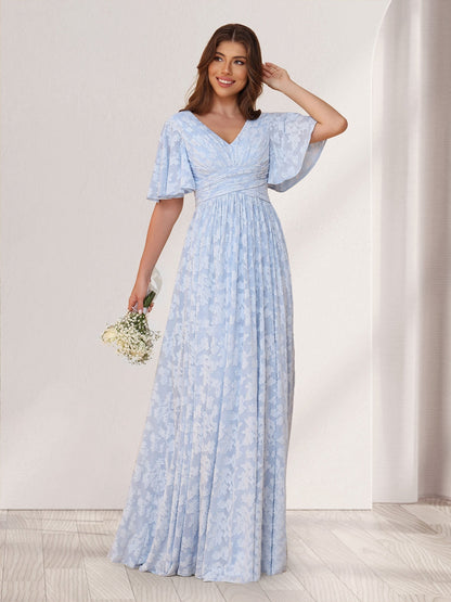 A-Line/Princess V-Neck Short Sleeves Long Bridesmaid Dresses