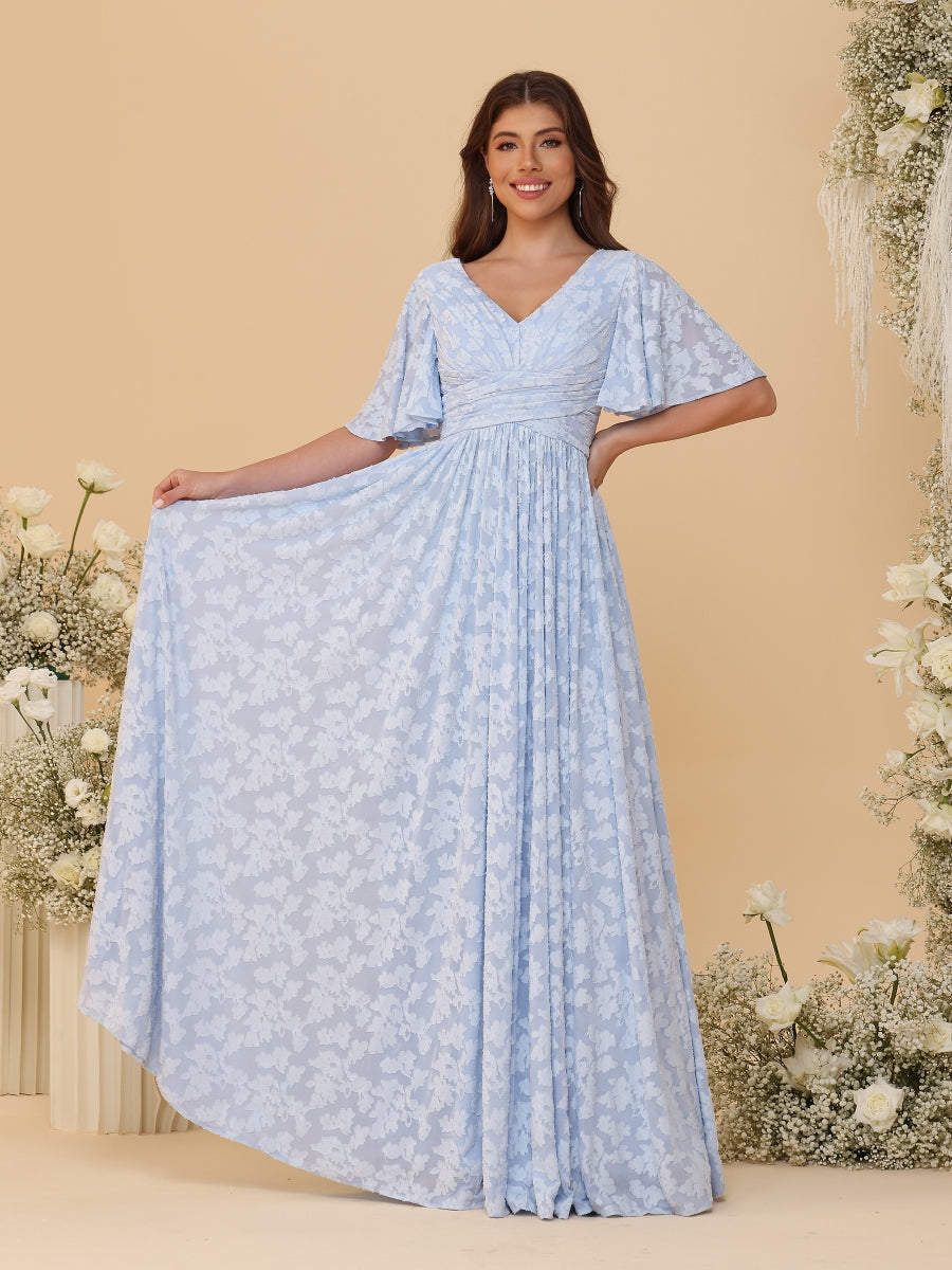 A-Line/Princess V-Neck Short Sleeves Long Bridesmaid Dresses