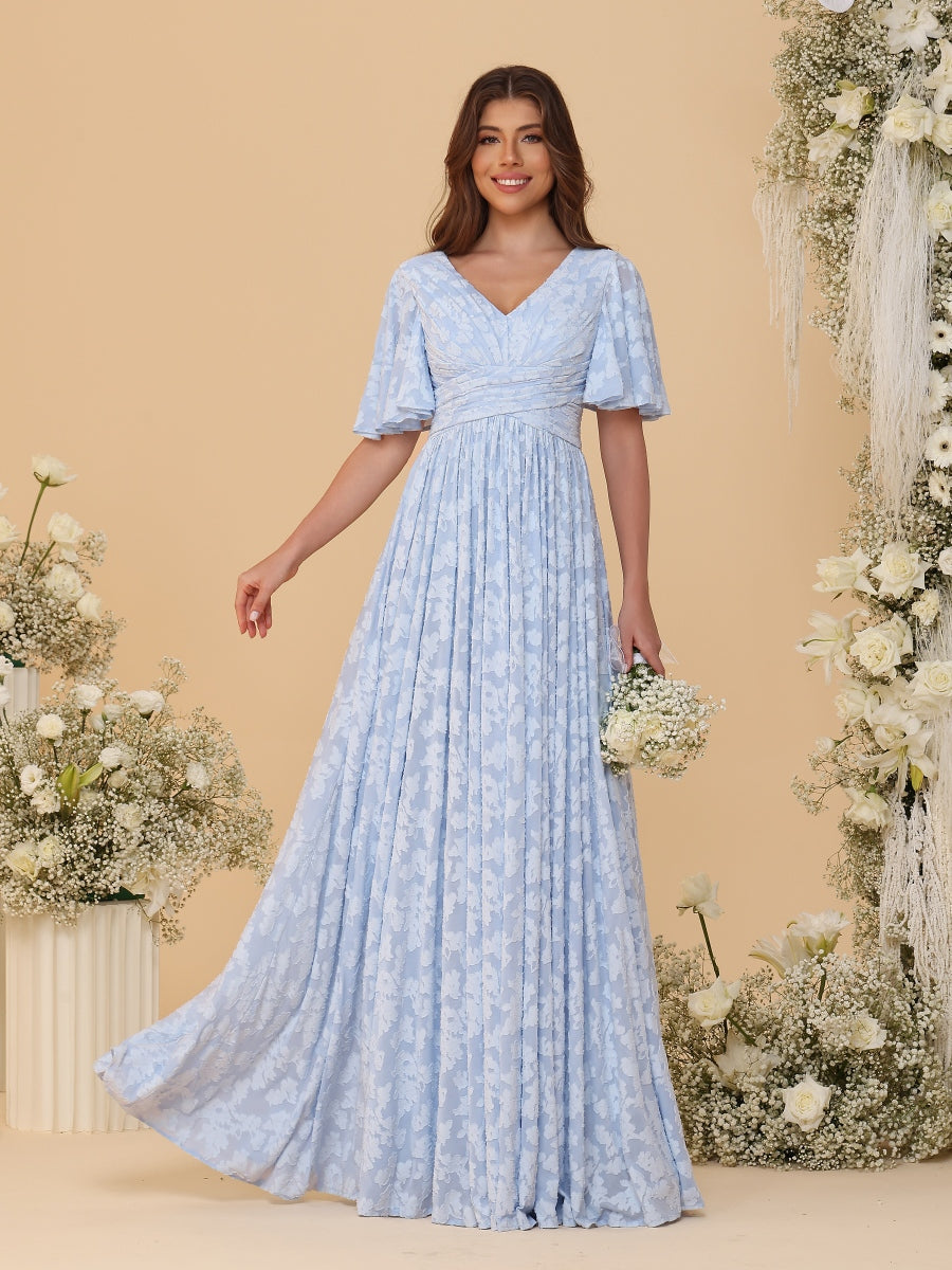 A-Line/Princess V-Neck Short Sleeves Long Bridesmaid Dresses