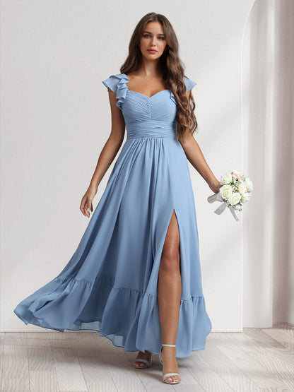 A-Line/Princess V-Neck Ankle-Length Bridesmaid Dresses With Ruffles & Split Side