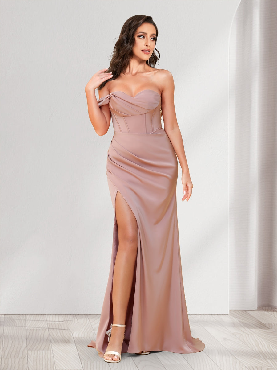 Trumpet/Mermaid One Shoulder Floor Length Ruched Bridesmaid Dresses with Split Side