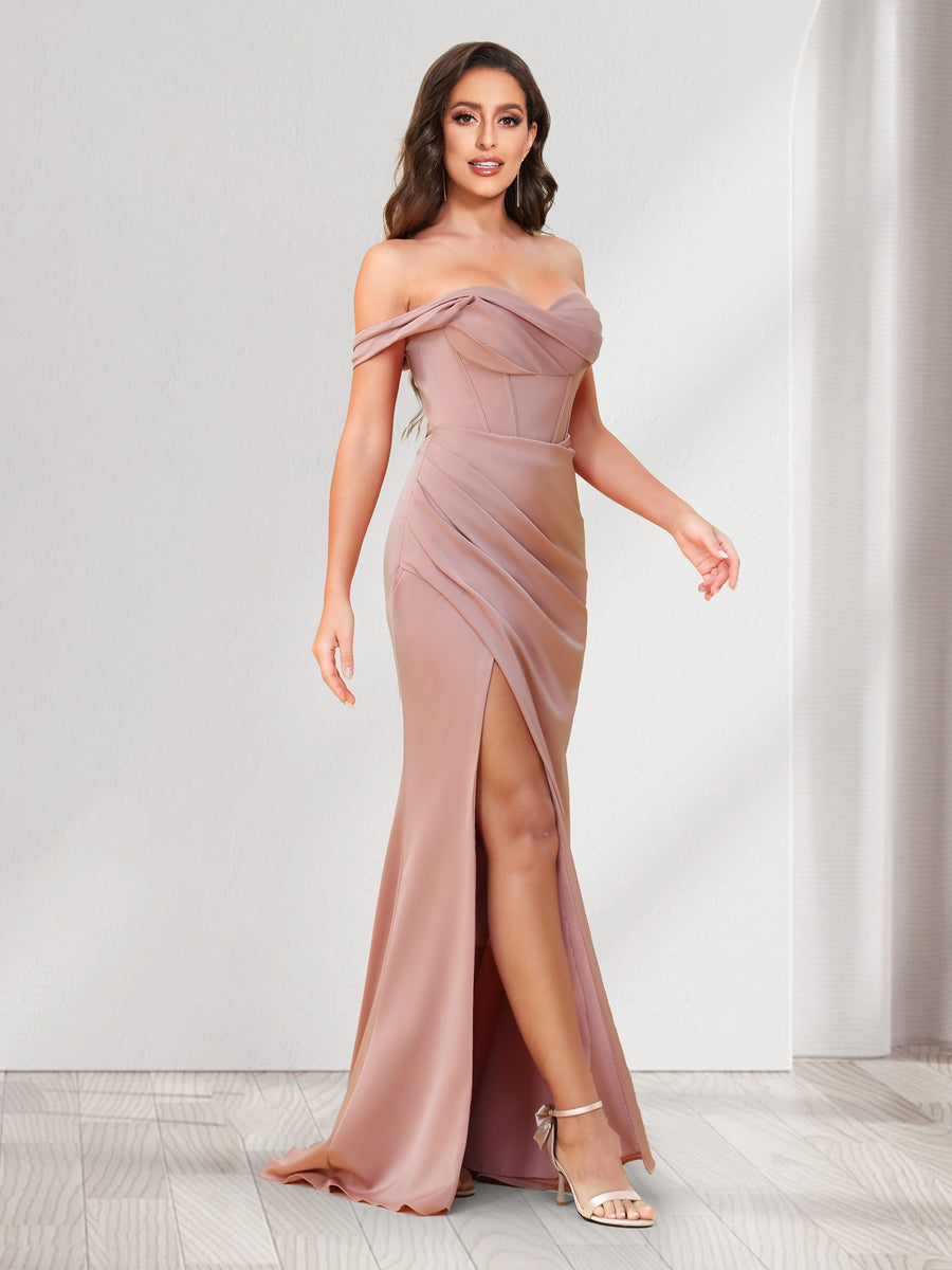 Trumpet/Mermaid One Shoulder Floor Length Ruched Bridesmaid Dresses with Split Side