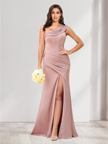 Sheath/Column One-Shoulder Floor-Length Ruched Bridesmaid Dresses with Split Side