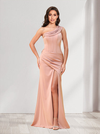 Sheath/Column One-Shoulder Floor-Length Ruched Bridesmaid Dresses with Split Side