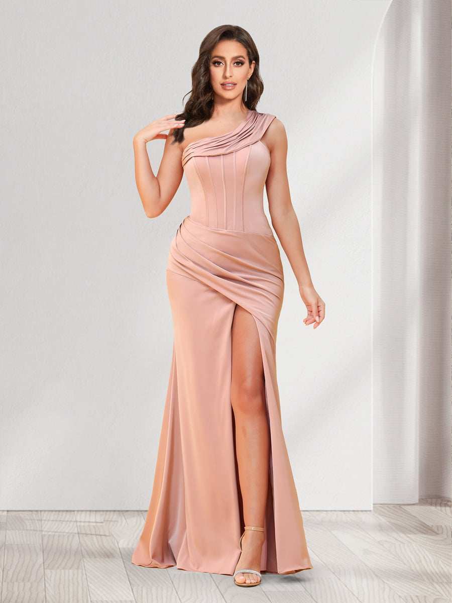 Sheath/Column One-Shoulder Floor-Length Ruched Bridesmaid Dresses with Split Side