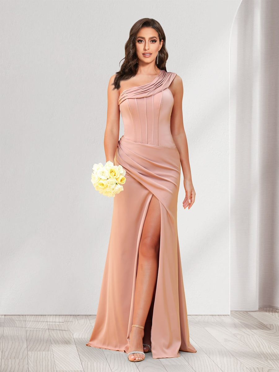 Sheath/Column One-Shoulder Floor-Length Ruched Bridesmaid Dresses with Split Side