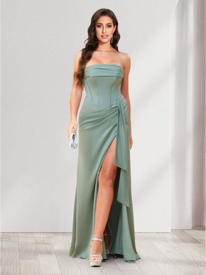 Sheath/Column Strapless Floor-Length Bridesmaid Dresses with Split Side & Ruffles