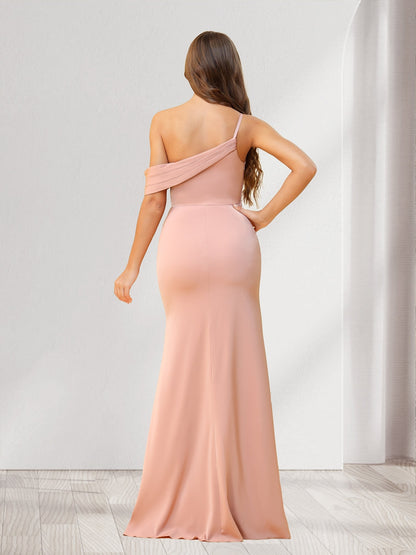 Sheath/Column One-Shoulder Floor-Length Ruched Bridesmaid Dresses with Split Side